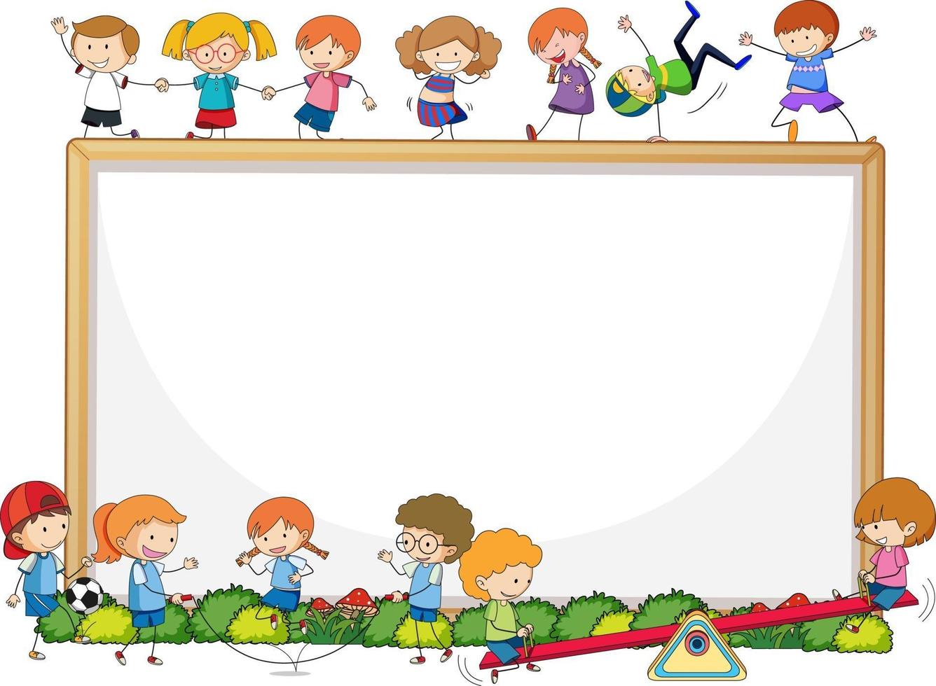 Empty banner with many kids doodle cartoon character on white background vector