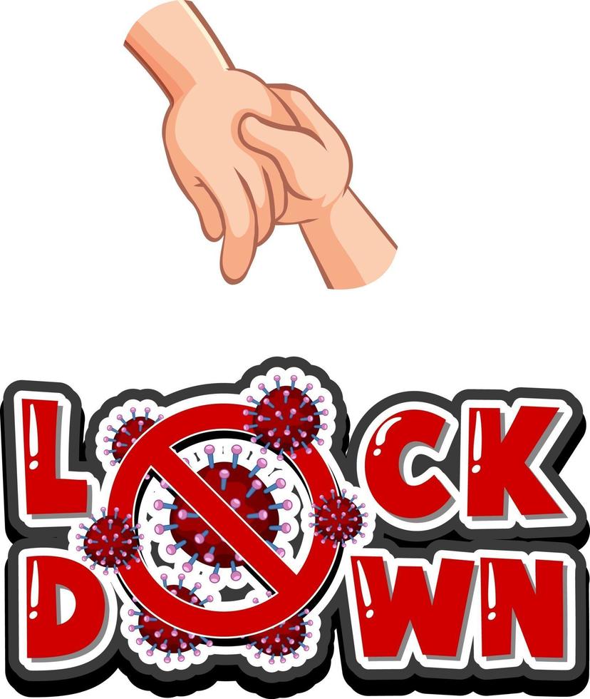 Lockdown font design with virus spreads from shaking hands on white background vector