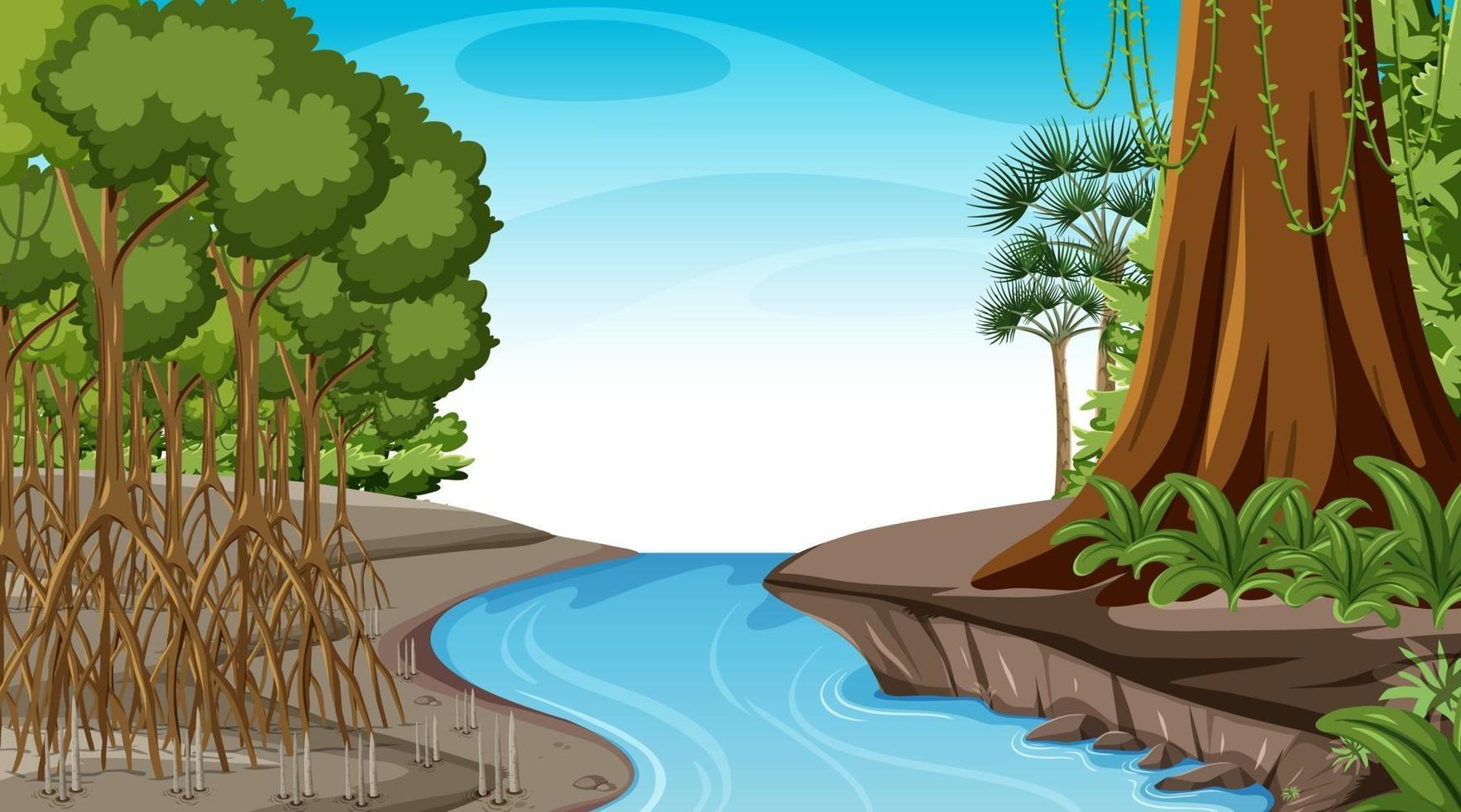 Nature scene with Mangrove forest at daytime in cartoon style vector