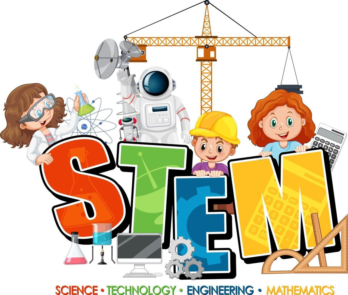 STEM education logo banner with kids cartoon character vector