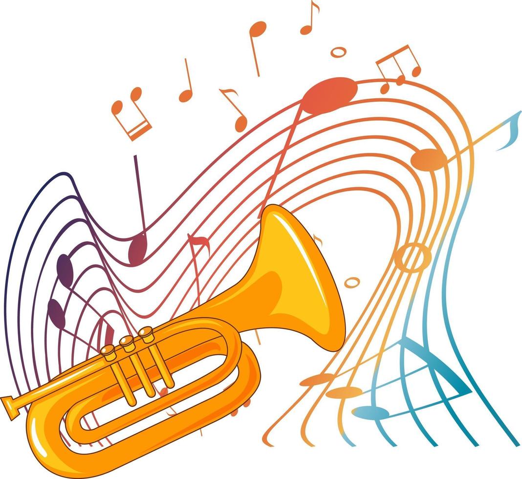 Trumpet musical instrument with melody symbols vector