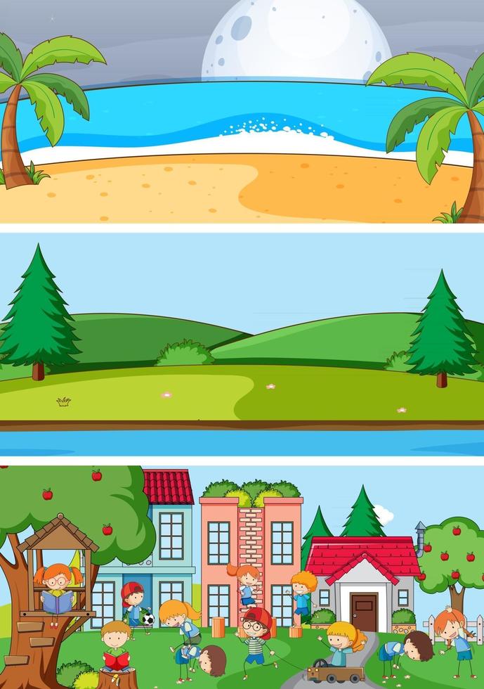 Set of different horizontal scenes background with doodle kids cartoon character vector