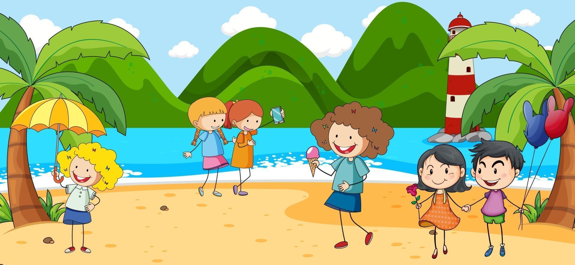 Escena de playa con muchos niños doodle personaje de dibujos animados vector