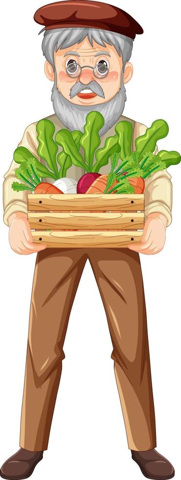 Old farmer man holding wooden crate of vegetable isolated vector