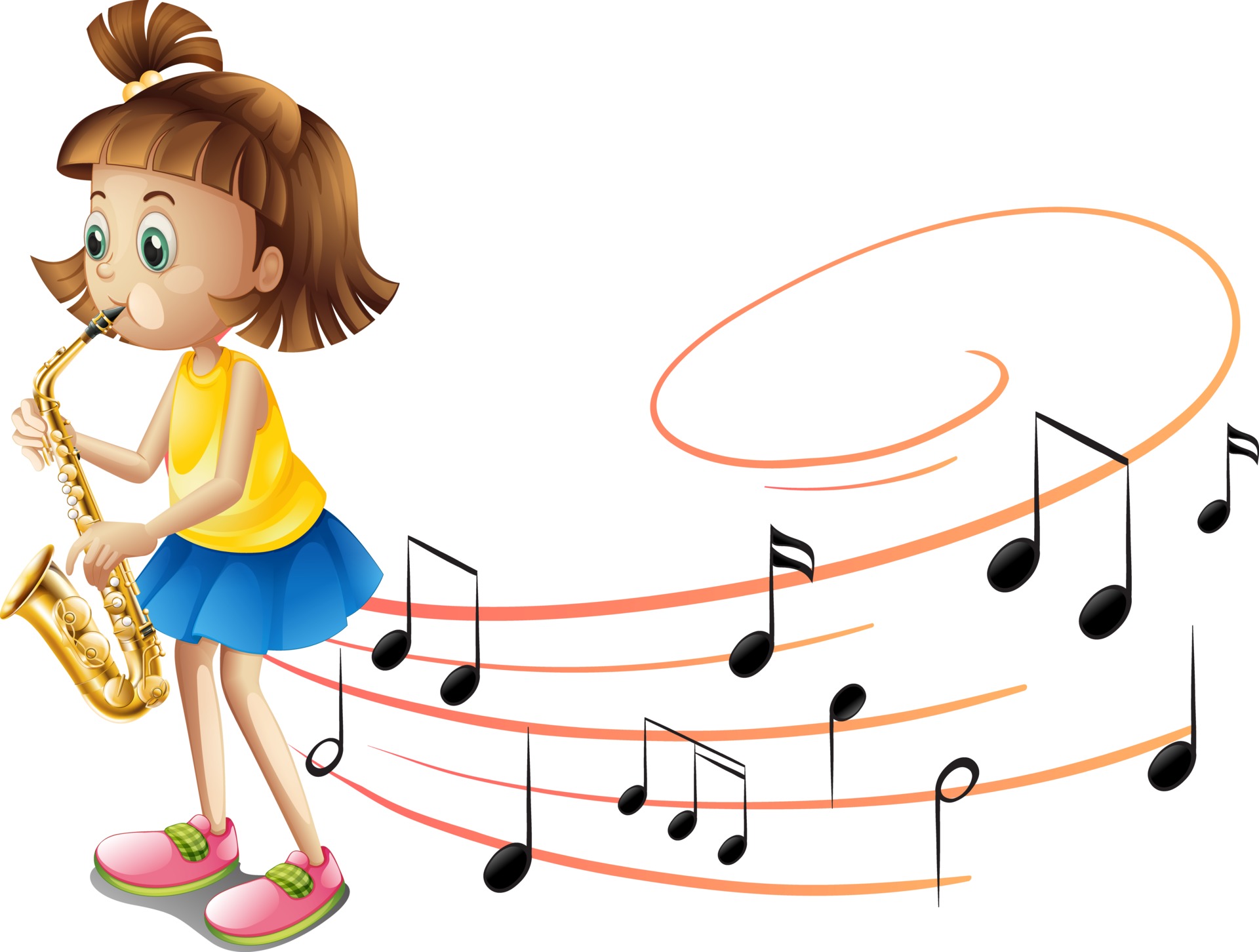 Cartoon character of a girl playing saxophone with musical melody