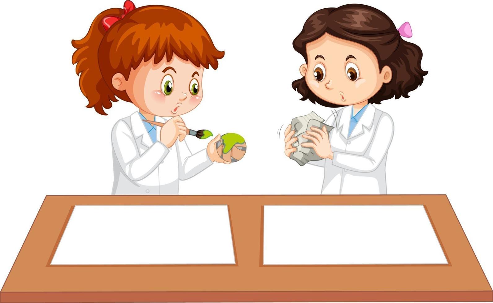 Two young scientist uniform with blank paper on the table vector