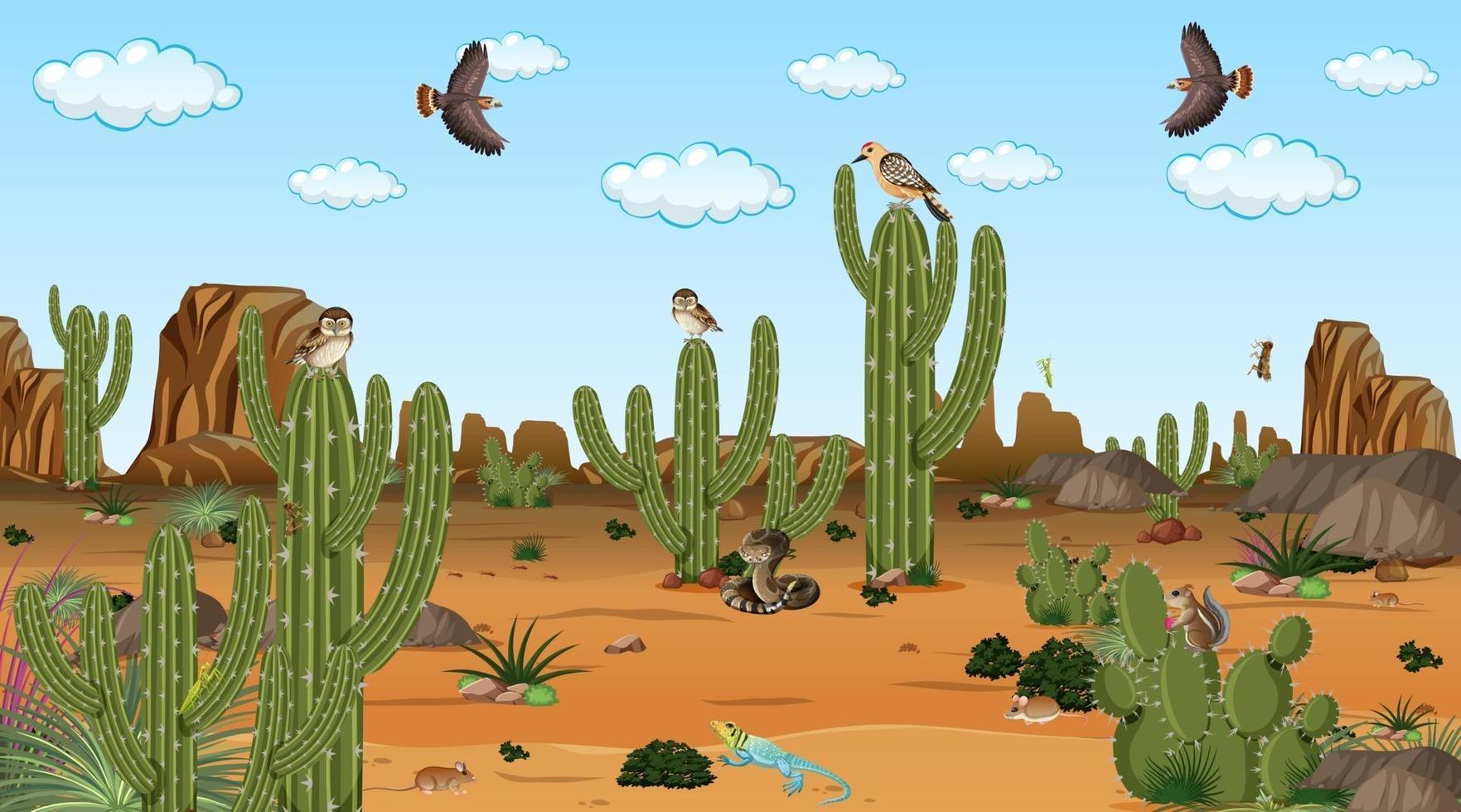 Desert forest landscape at daytime scene with desert animals and plants vector