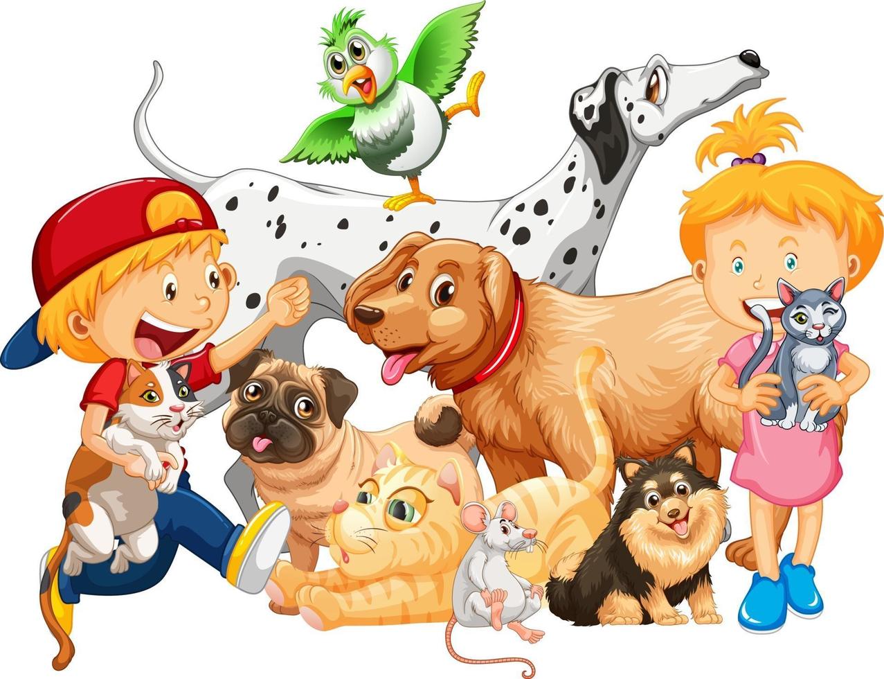 Group of pet with their owner on white background vector