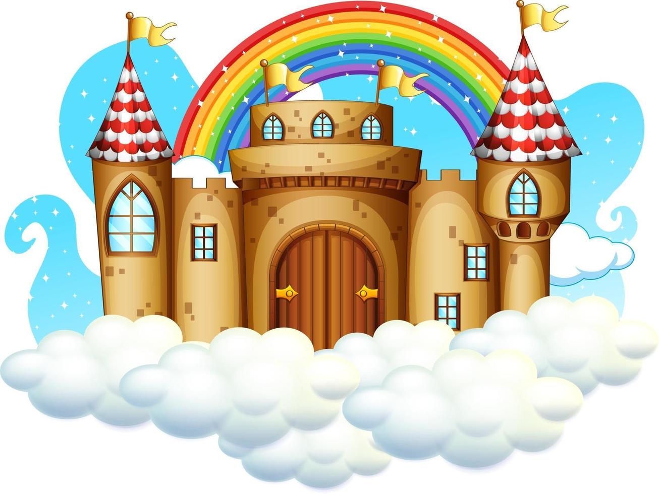 Castillo con arco iris en la nube aislado sobre fondo blanco. vector