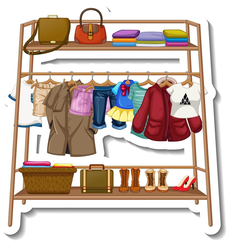 A sticker template of Clothes racks with many clothes on hangers on white background vector