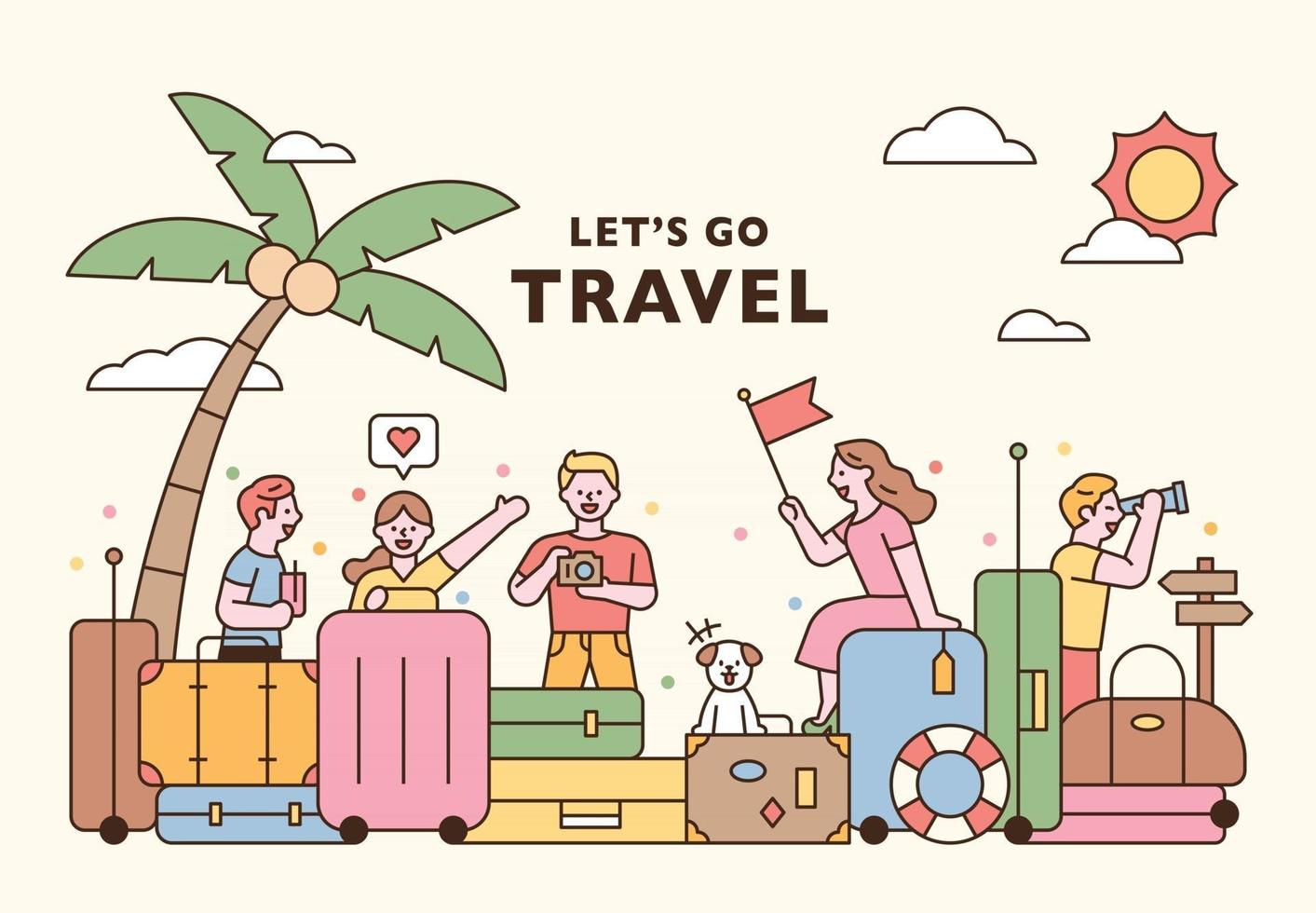 Vacation travel concept banner poster. The suitcases are piled up and people are having fun. flat design style minimal vector illustration.