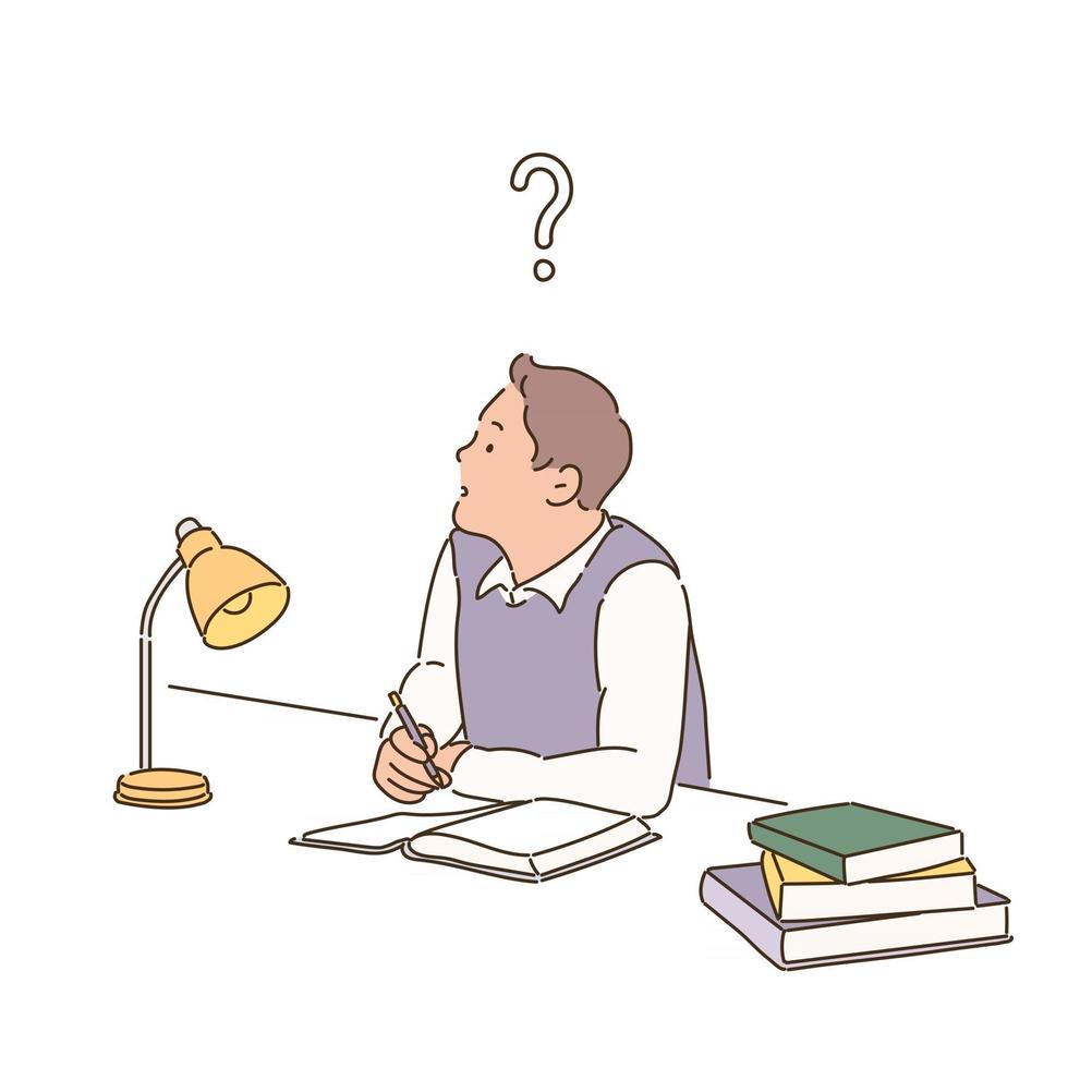 A question mark is floating on the head of a student studying at the desk. hand drawn style vector design illustrations.