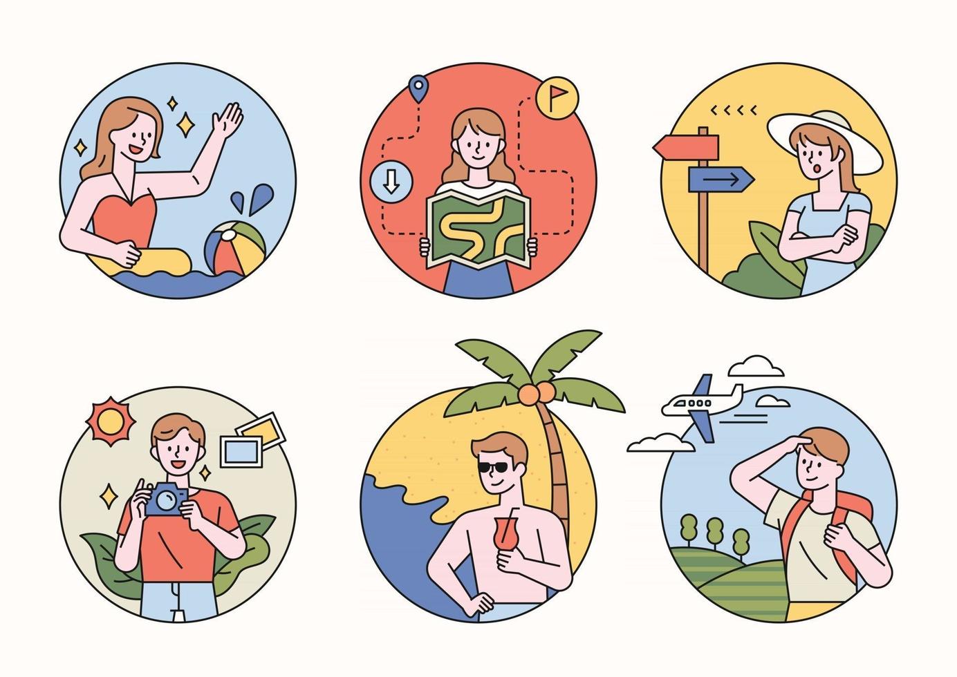 Character design on vacation inside a circle. People swimming, drinking cocktails on the beach, going abroad, looking at maps, finding directions and taking pictures. flat design vector illustration.