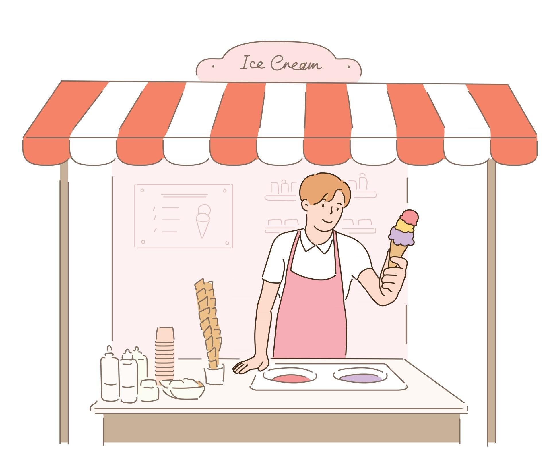 A worker in an ice cream shop is holding a cone of ice cream. hand