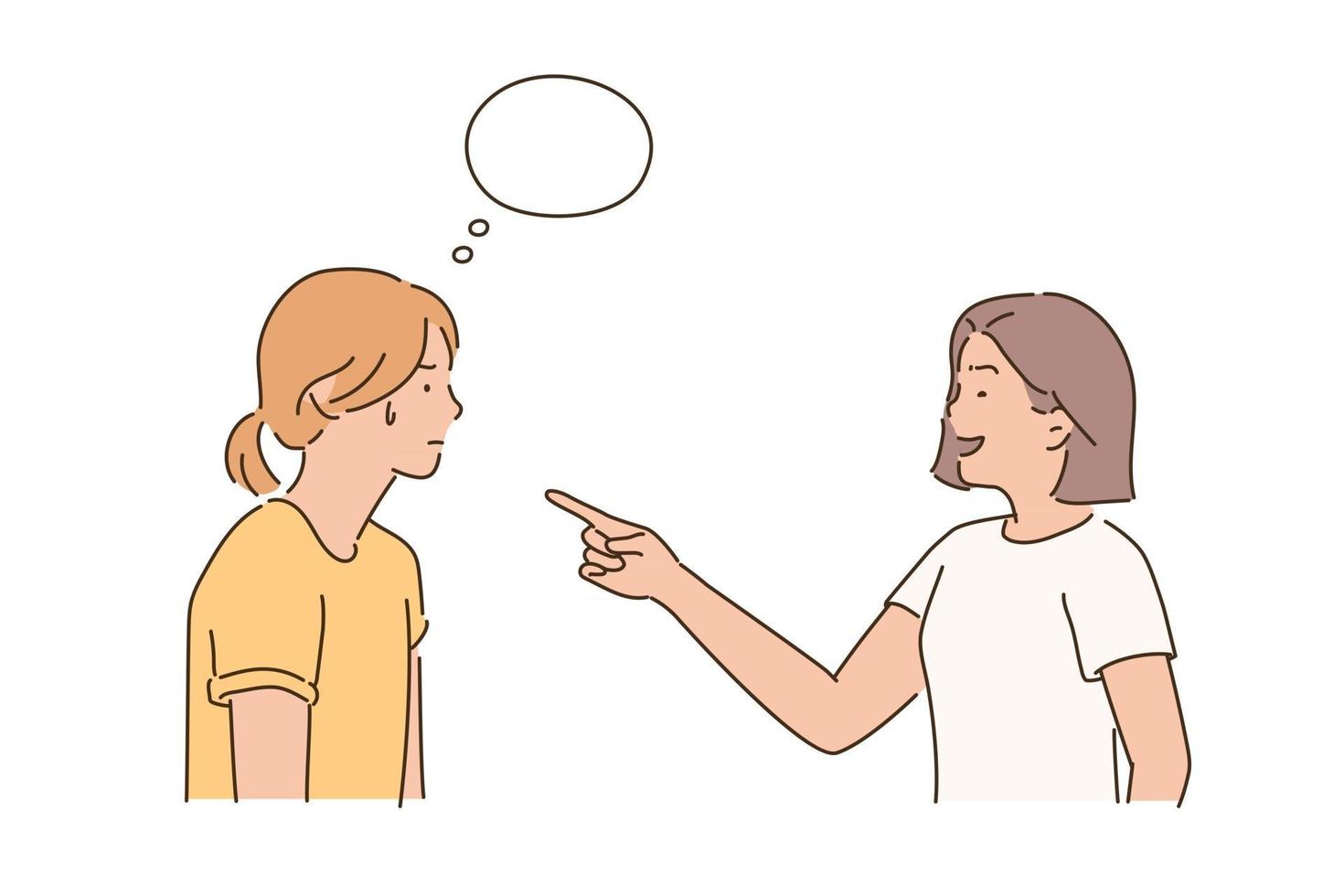 A woman is pointing a finger at her and smirking at the other woman, bewildered. hand drawn style vector design illustrations.
