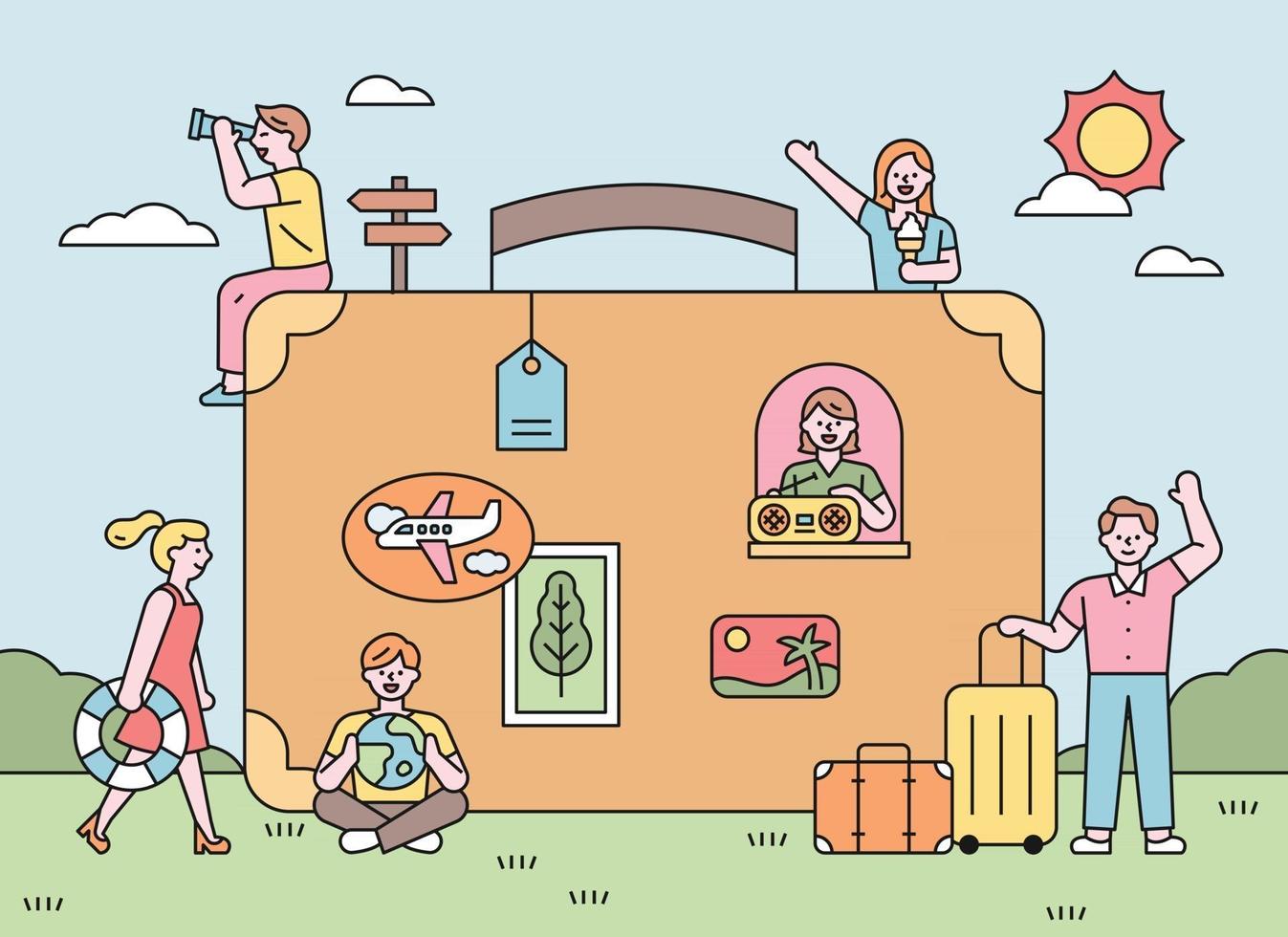 People on vacation around big suitcases. There is a sticker on the suitcase and a man is listening to the radio in the window. flat design style minimal vector illustration.