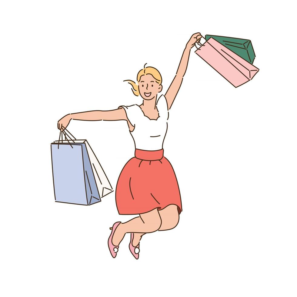 una mujer con bolsas de la compra está saltando. ilustraciones de diseño de vectores de estilo dibujado a mano.