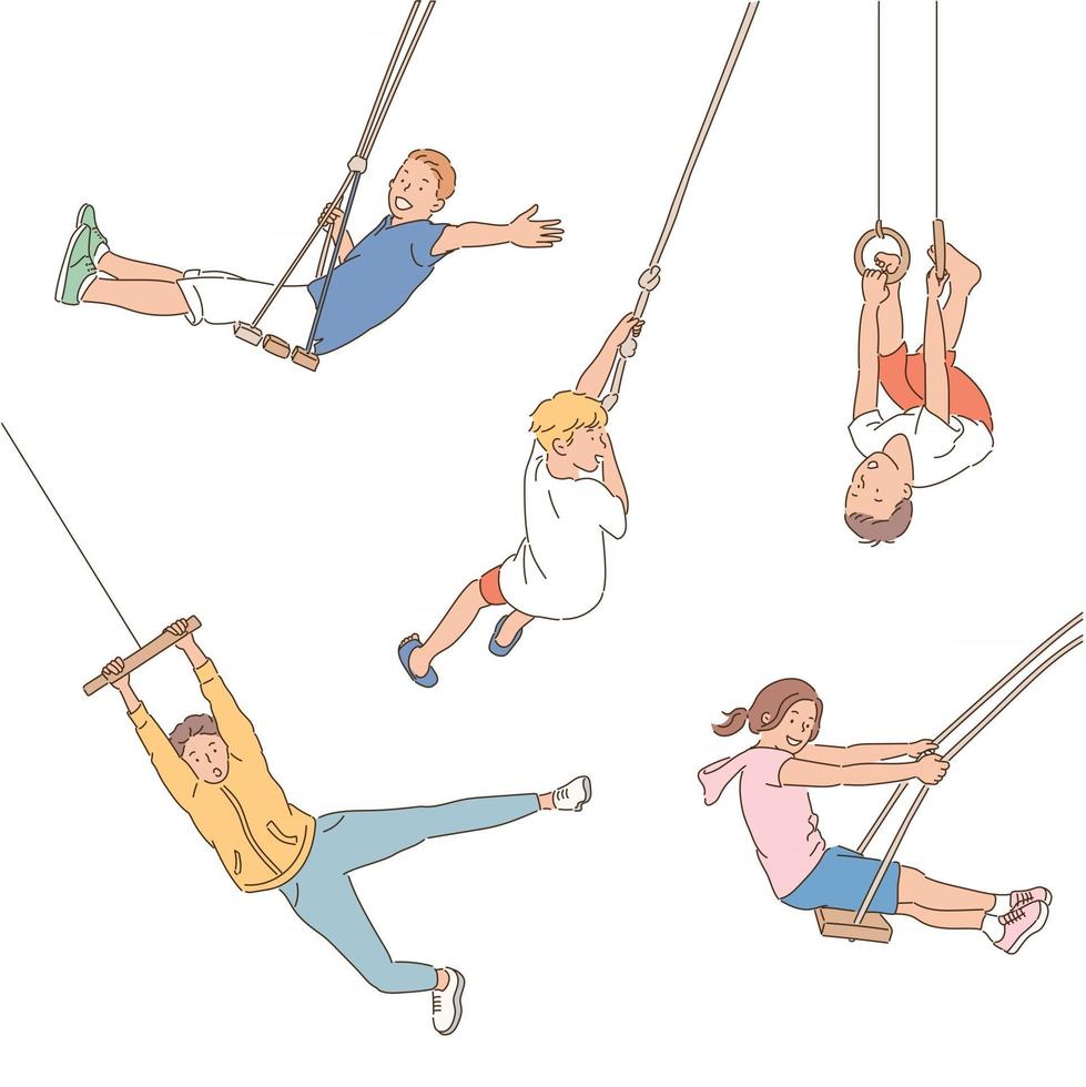 Children are on swings holding various ropes. hand drawn style vector design illustrations.