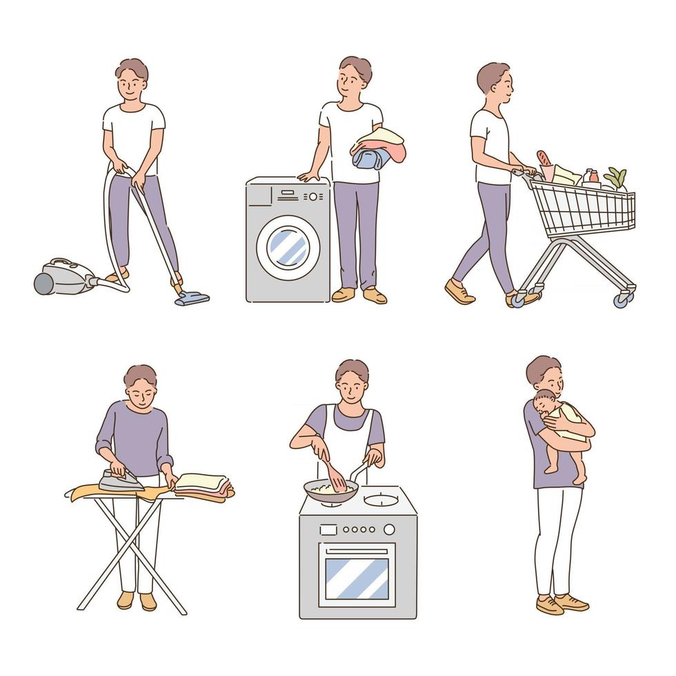 un hombre está haciendo las tareas del hogar. ilustraciones de diseño de vectores de estilo dibujado a mano.