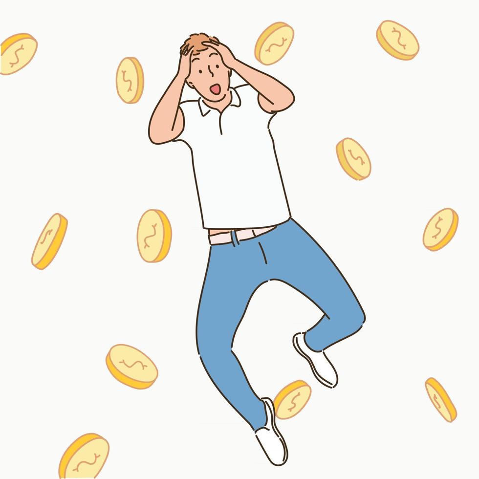 A man has a happy expression after hitting the jackpot and coins are floating in the background. hand drawn style vector design illustrations.