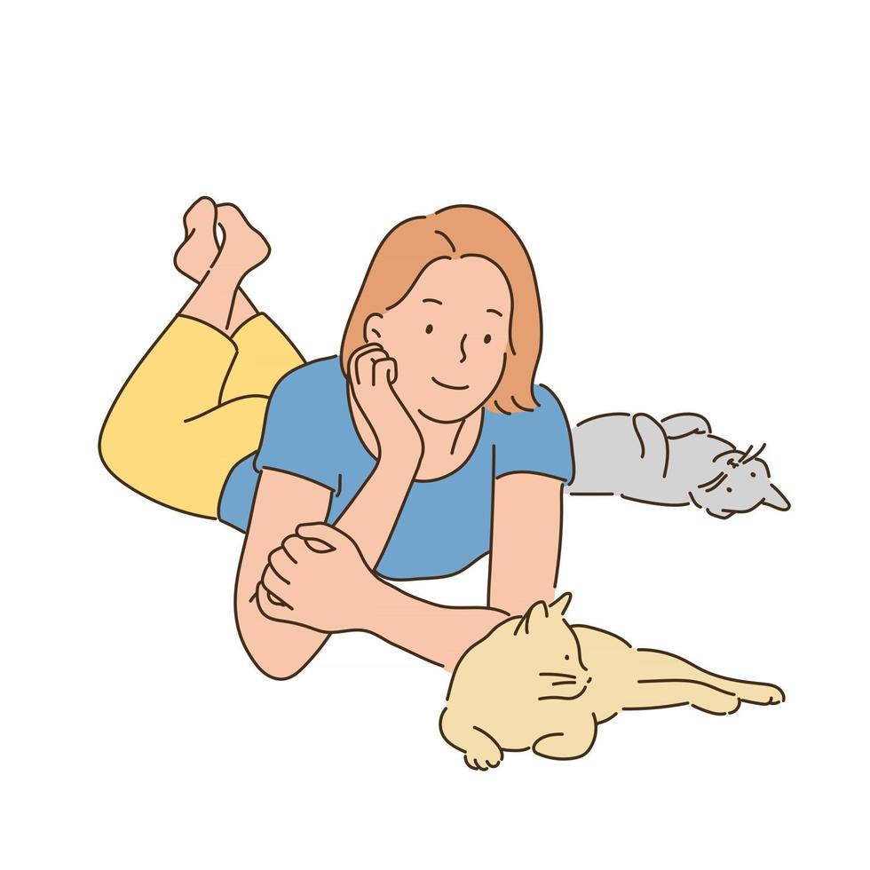 A girl is lying down and looking at a cute cat. hand drawn style vector design illustrations.