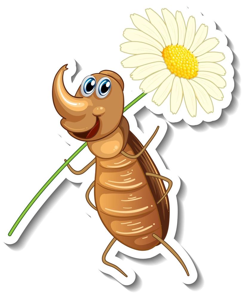 Sticker template with cartoon character of a beetle holding a flower isolated vector