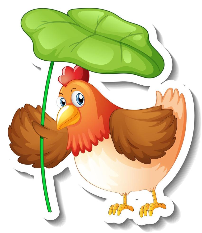 Plantilla de pegatina con personaje de dibujos animados de un pollo sosteniendo una hoja aislada vector