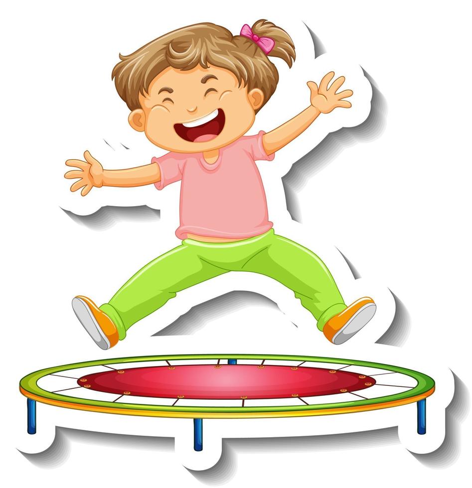 Sticker template with a little girl jumping on trampoline cartoon character isolated vector