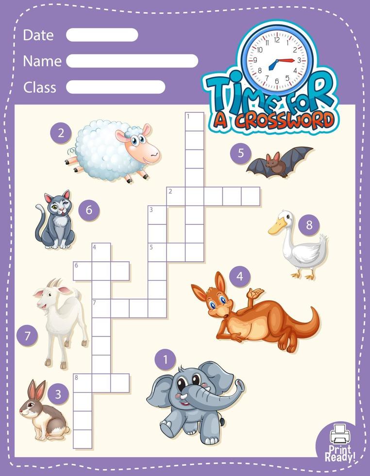 Crossword puzzle game template about animals vector