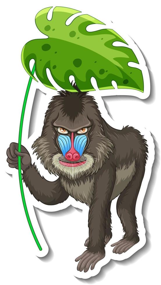 Plantilla de pegatina con un mandril sosteniendo una hoja sobre fondo blanco. vector