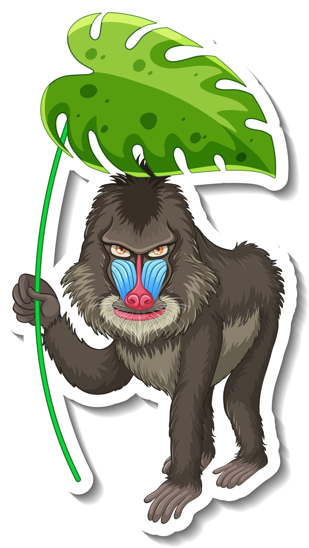 Sticker template with a mandrill holding a leaf on white background
