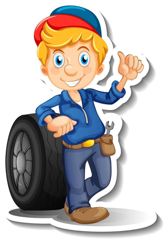 Sticker design with auto mechanic cartoon character vector