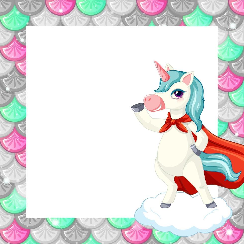 Plantilla de marco de escamas de peces de colores en blanco con lindo personaje de dibujos animados de unicornio vector