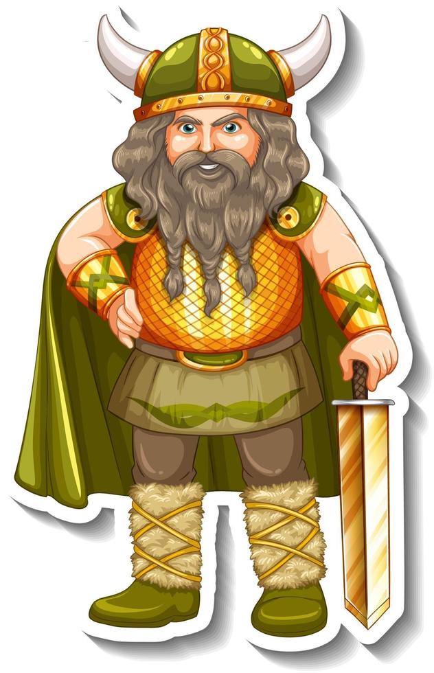 Sticker template with Viking warrior cartoon character isolated vector