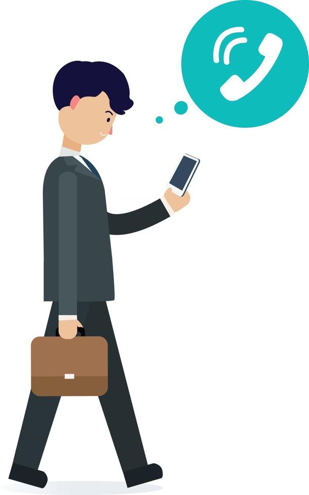 Young businessman walking with phone and call icon.Business man calling about business. vector