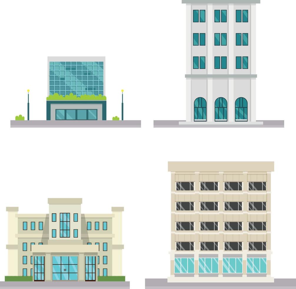 Conjunto de edificios de diseño plano vectorial. Edificación de la empresa con fondo blanco aislado. Ilustración vectorial. Conjunto de edificios modernos. vector