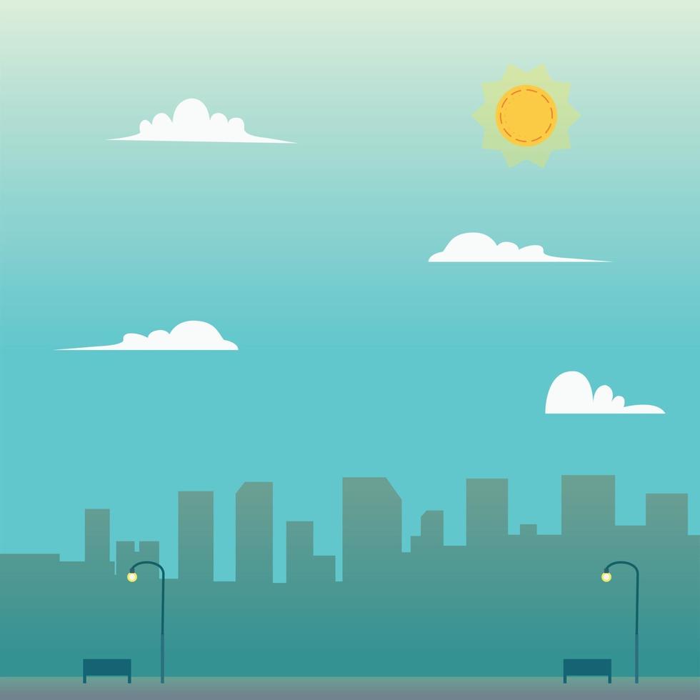 Cityscape with bench on street and sky background.Town scene with sun shiny vector