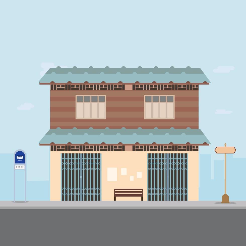 Thai house design on main street with bus stop and city background vector illustration.Home Bangkok city style on the road.Old home in flat design