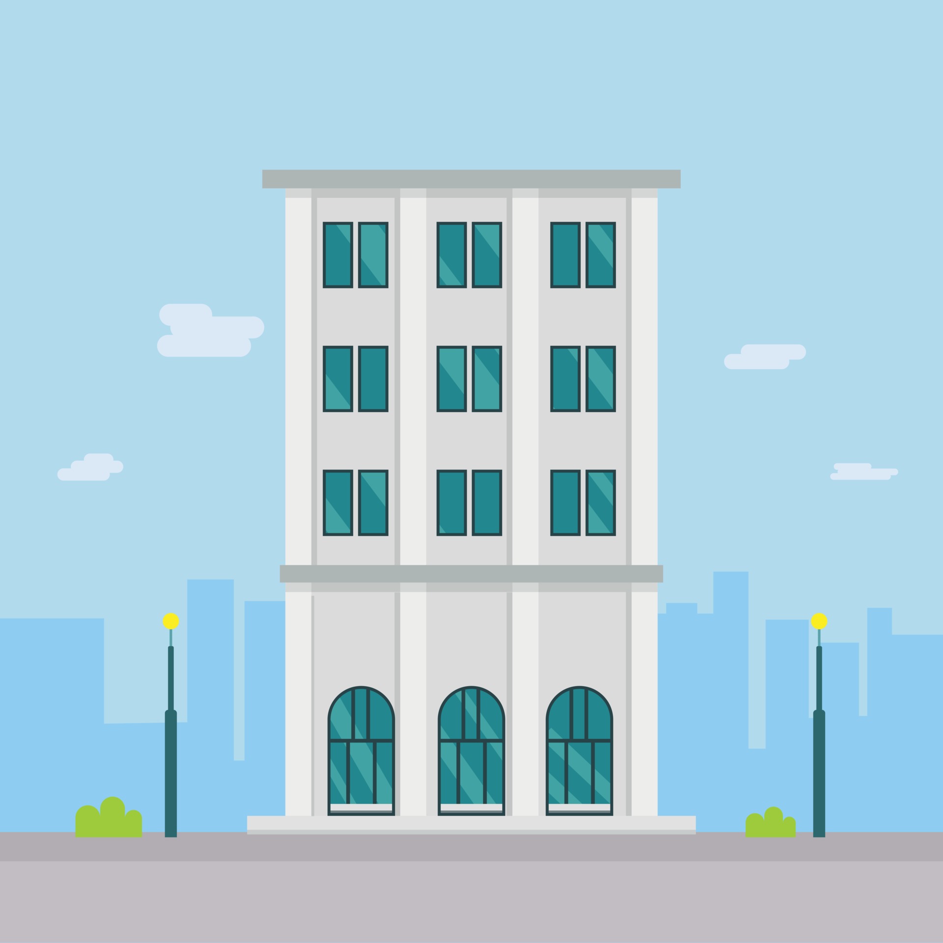 Flat building design in  building in flat style with city    buiding on street 2729461 Vector Art  at Vecteezy