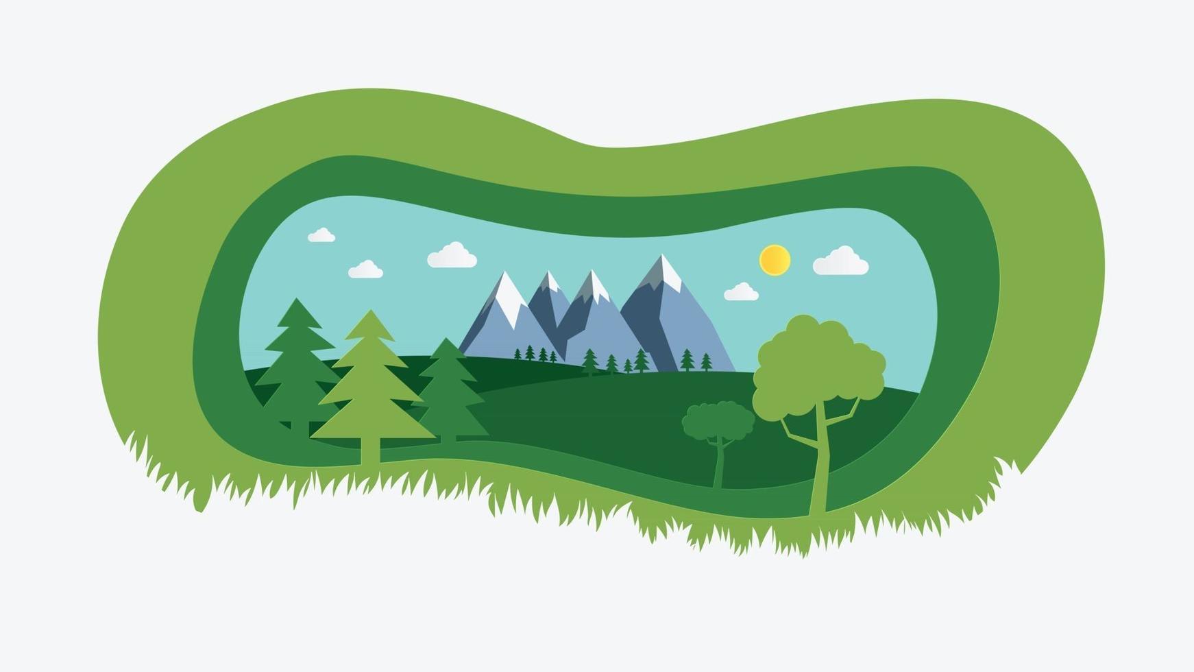 paisaje natural con ilustración de vector de diseño de estilo de corte de papel.Campo natural verde con árboles, colinas, montañas y fondo de cielo.Verano con escena de la hermosa naturaleza.