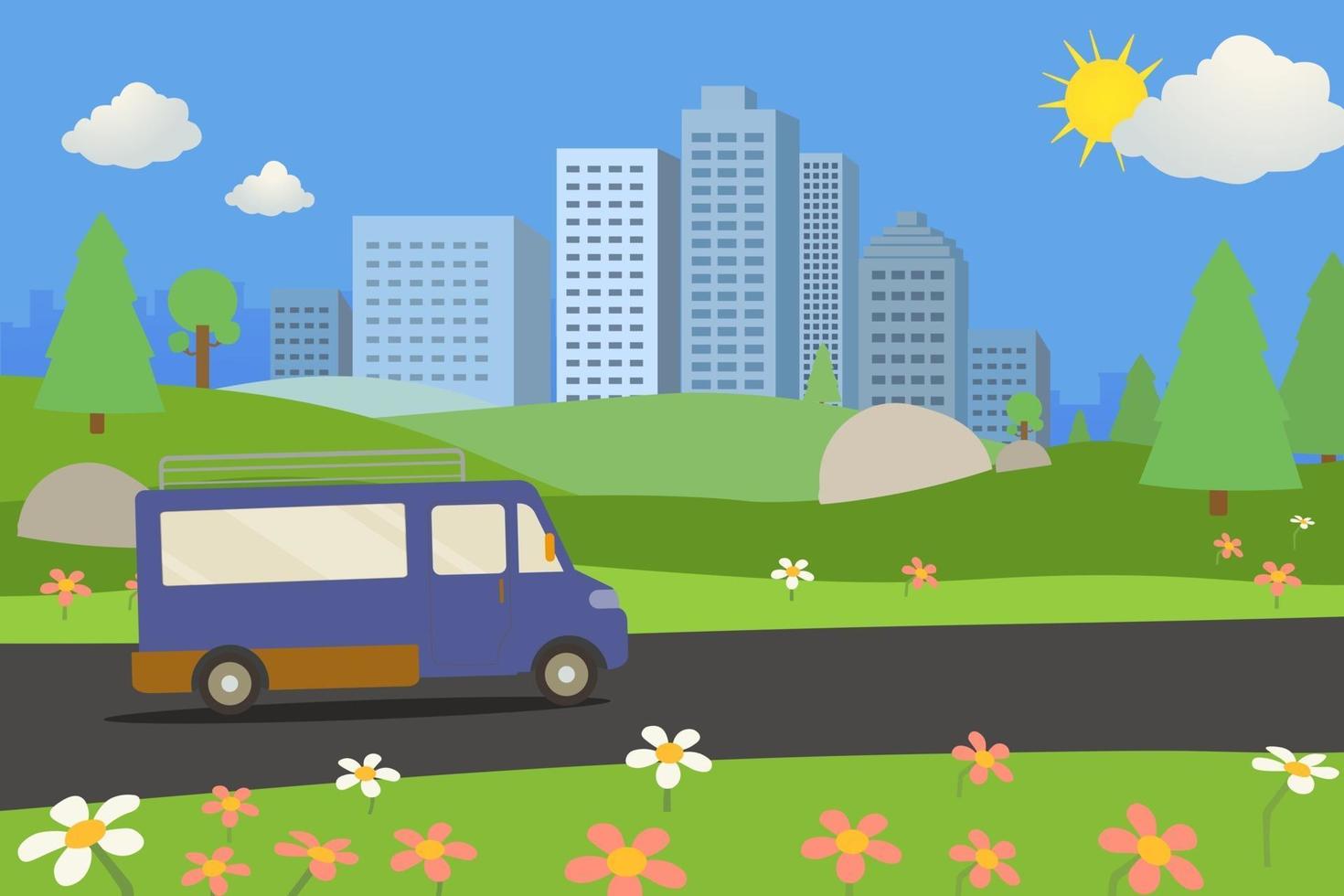 Public park with van on road and city background.nature landscape with road and urban.Cartoon nature landscape view with town and clouds.Beautiful scene park  and car in summer day. vector