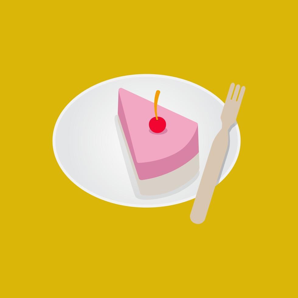 Strawberry cake white with cherry topping on dish.Piece of cake vector flat design