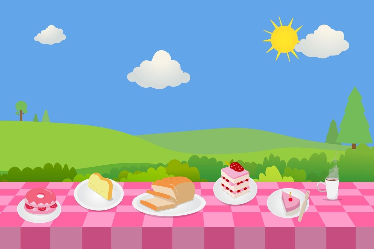 Outdoor picnic with bakery and nature background.Food with table in public park vector