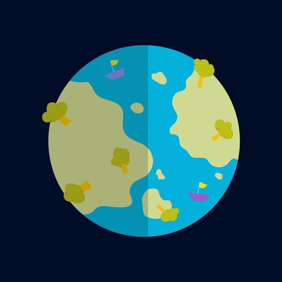 tierra, plano, diseño gráfico, vector, en, space., mundo, con, simple, map., globo azul, con, árboles, océano, isla, y, ship., pequeño, planeta, en, espacio vector