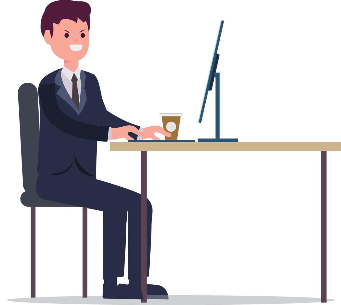 hombre de negocios, trabajando, con, computadora, en, escritorio, vector, illustration., caricatura, joven, negocio, gerente, trabajo, frío, con, aislado, fondo blanco vector