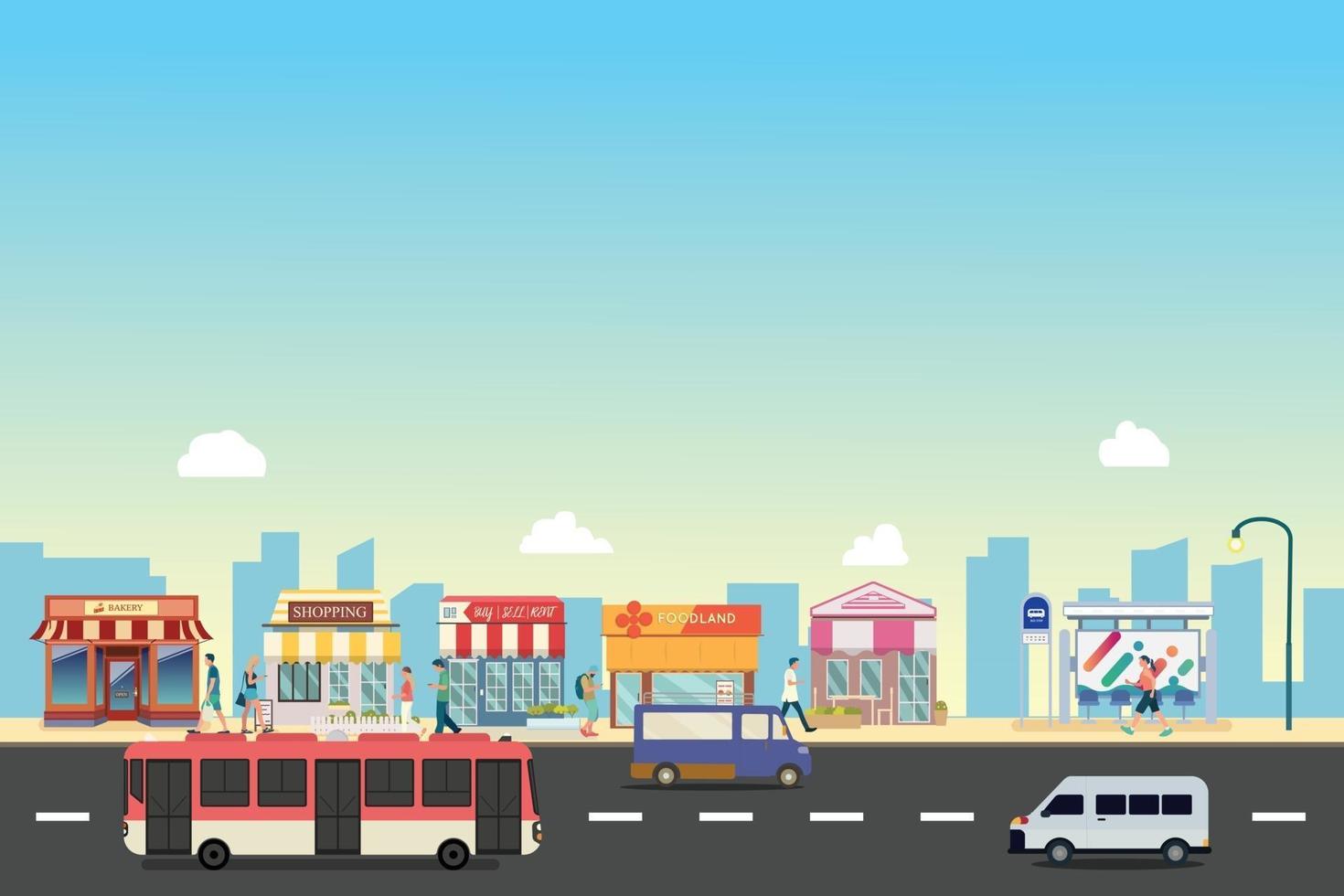 City street and store buildings with bus , minibus with people on street vector, a flat style design.People walk with Business storefront and public bus stop in urban vector