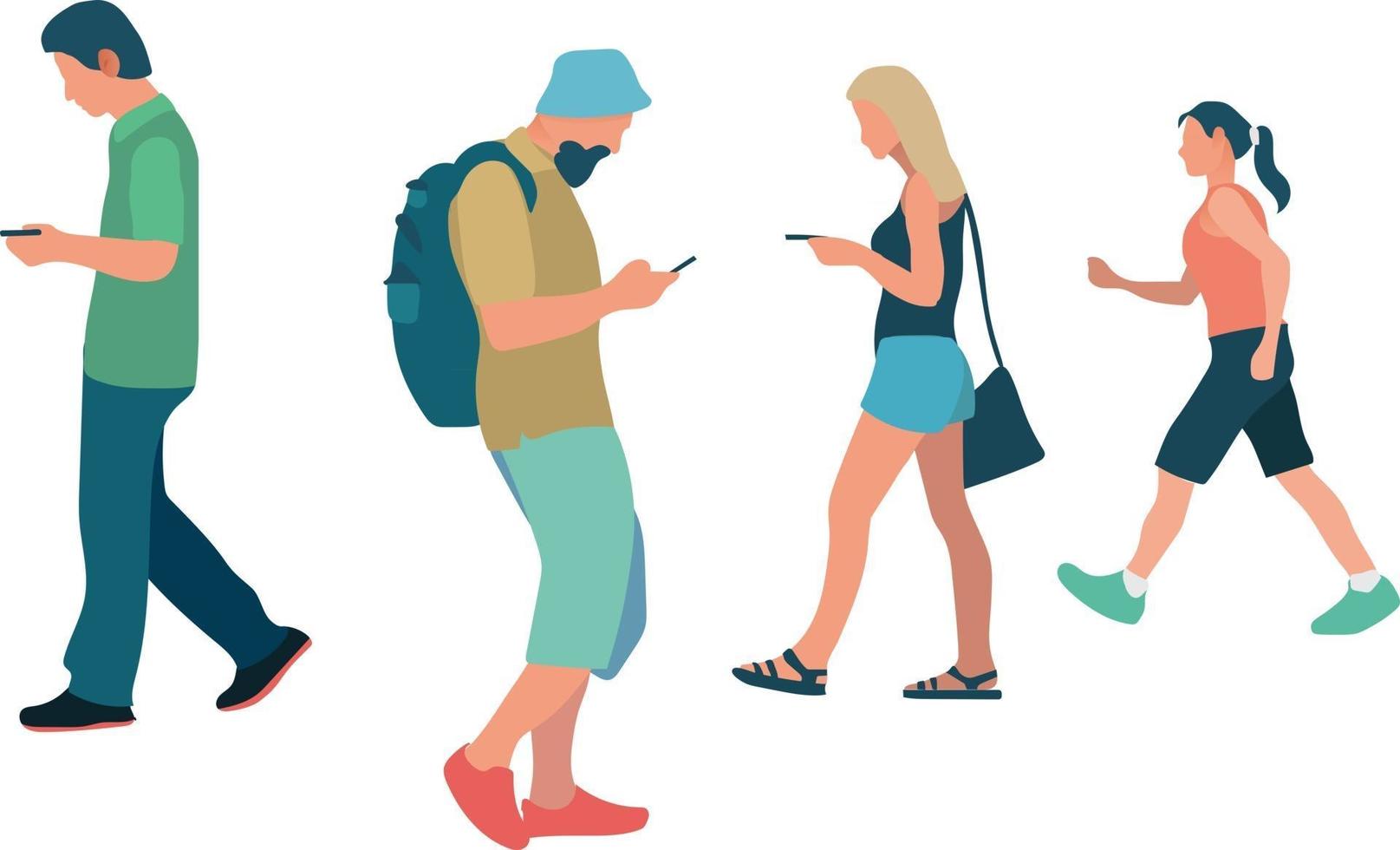 La gente caminando y con smartphone en vector de estilo plano.Camina de adultos con fondo blanco aislado.La gente mira fijamente el smartphone caminando.Concepto de actividad de personas.