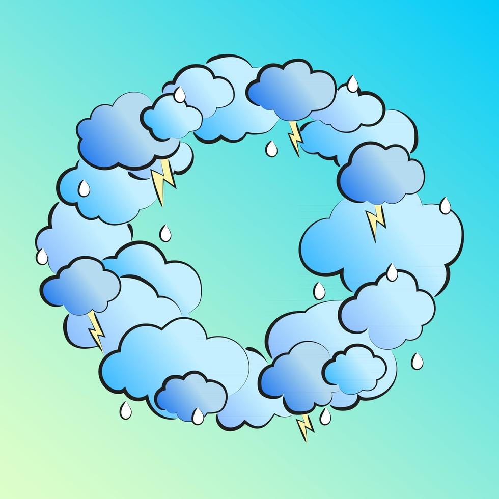 Ilustración retro en estilo cómico con nubes, rayos y gotas de lluvia vector