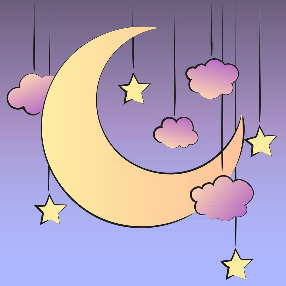 Retro illustration in comic style with moon, clouds and stars vector