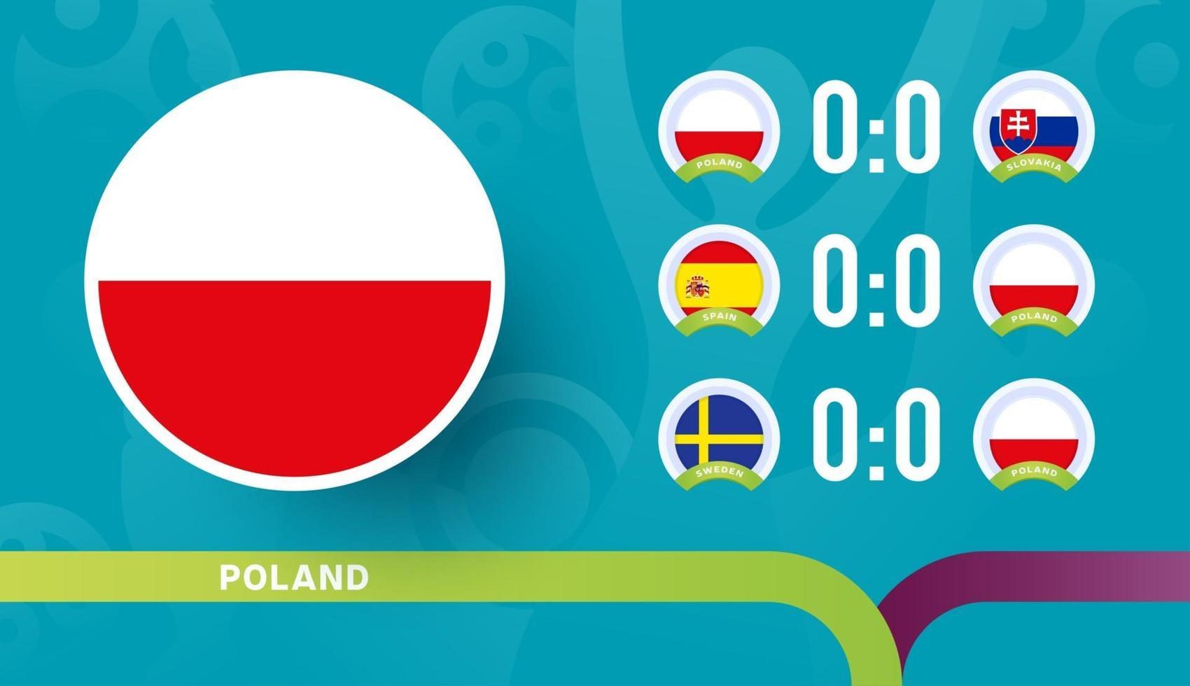 calendario de partidos de la selección nacional de polonia en la fase final del campeonato de fútbol de 2020. ilustración vectorial de partidos de fútbol 2020 vector